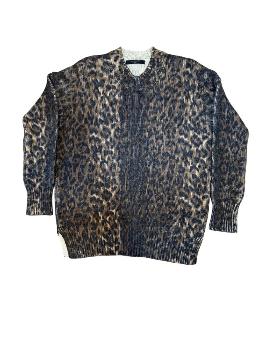AllSaints Leopard Animal Print Lagenlook Oversized Slouchy Wool Blend Sweater